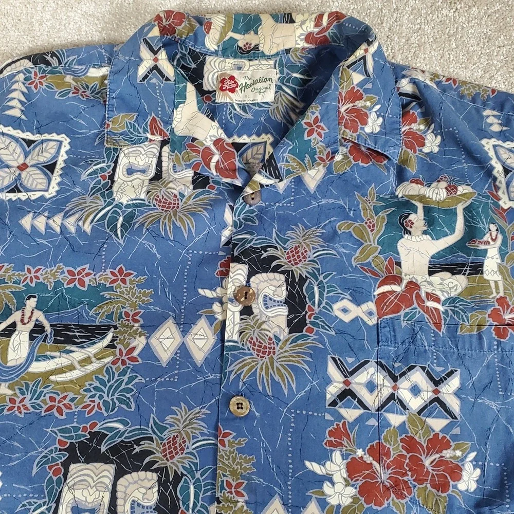 Hilo Hattie Made in Hawaii XL Button Up‎ Shirt Blue Hawaiian Design PLEASE READ